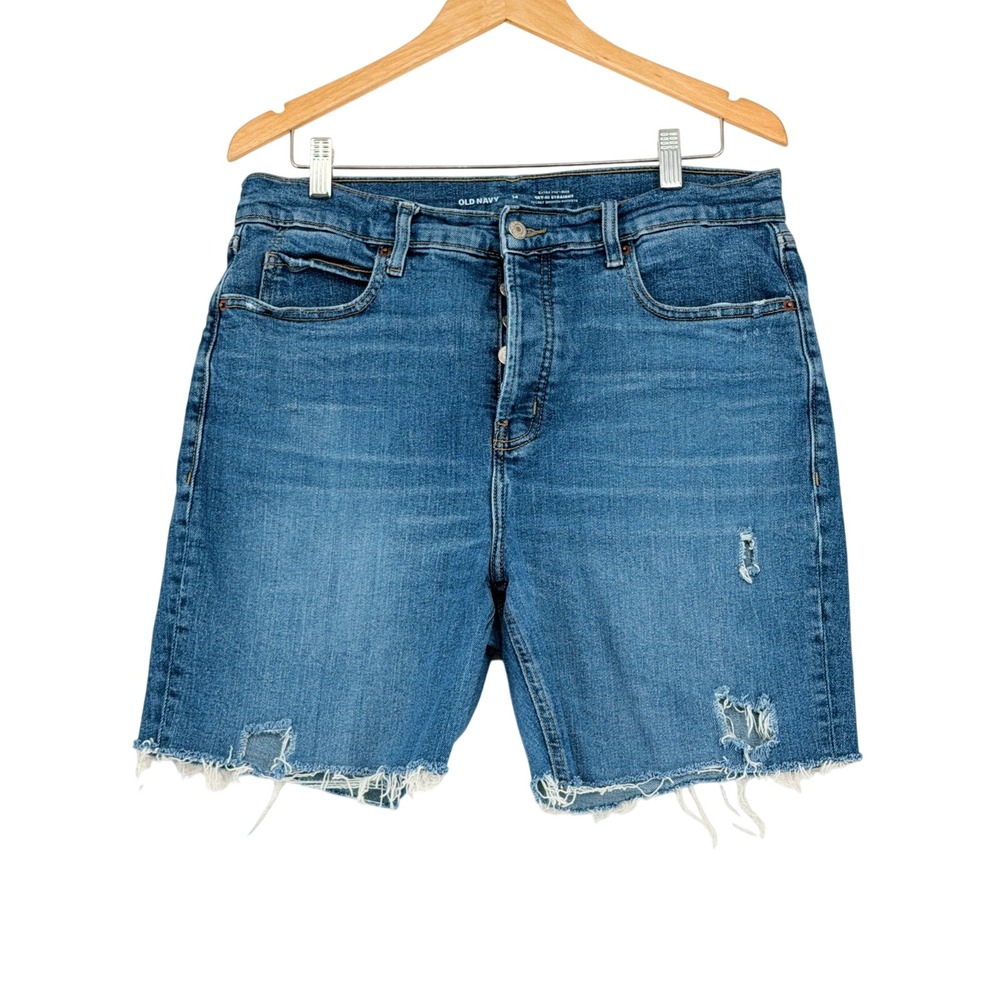 Old Navy Sky-Hi Straight Distressed Denim Shorts Blue Button Fly Size 14